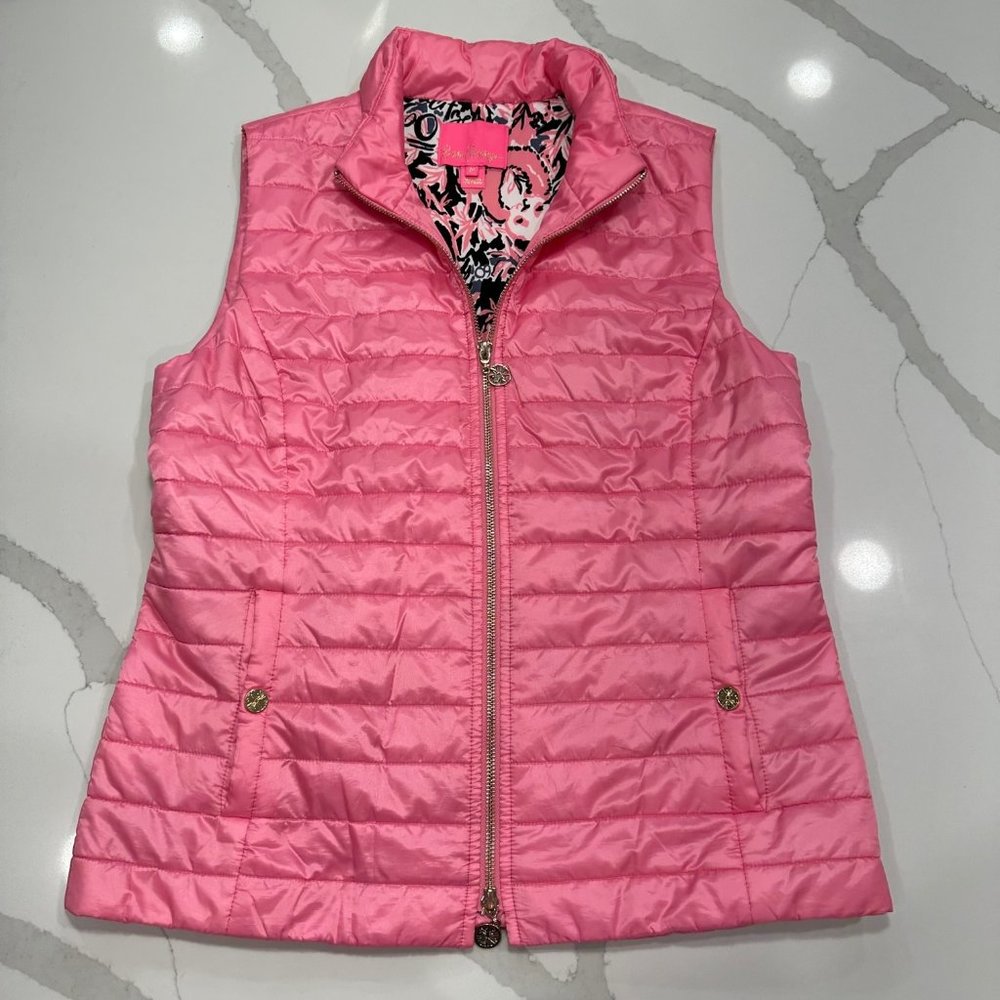 Lilly Pulitzer Elyn Pink Puffer Vest with 60th Anniversary Panda Print Size: M